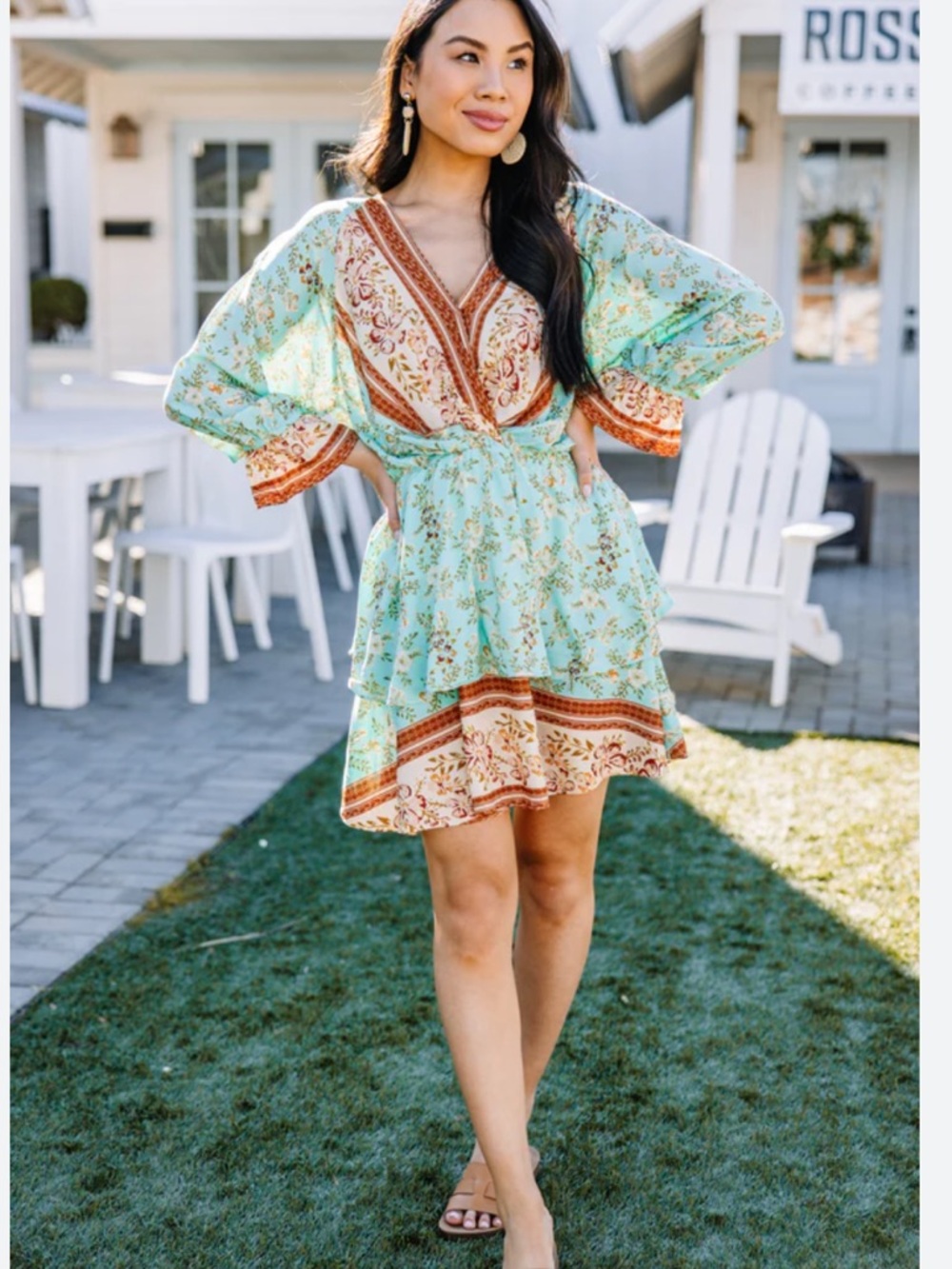 Umgee Boho Floral Dress Teal Mix Print Tie Front Long Sleeve Size Large